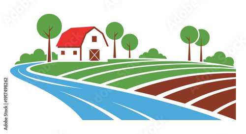 A charming rural scene depicts a red barn green trees a winding road and fields on transparent background silhouette high quality