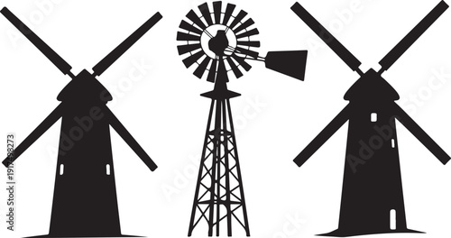 Silhouette of three windmills on a white background illustration