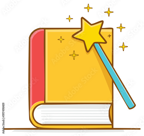 Magic Book and Wand Illustration with Sparkling Stars