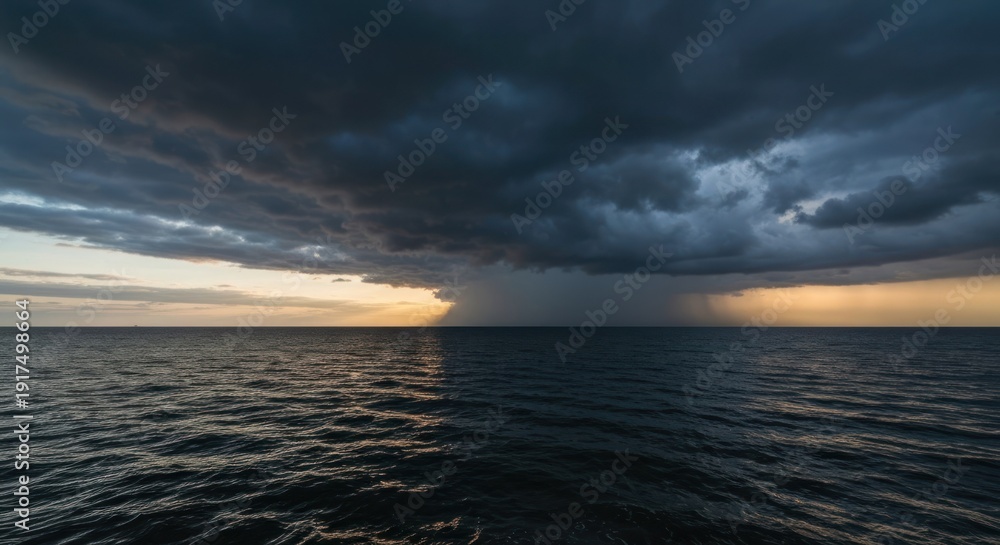 Obraz premium Dark storm clouds hover over a calm sea, with sunlight breaking through the rain
