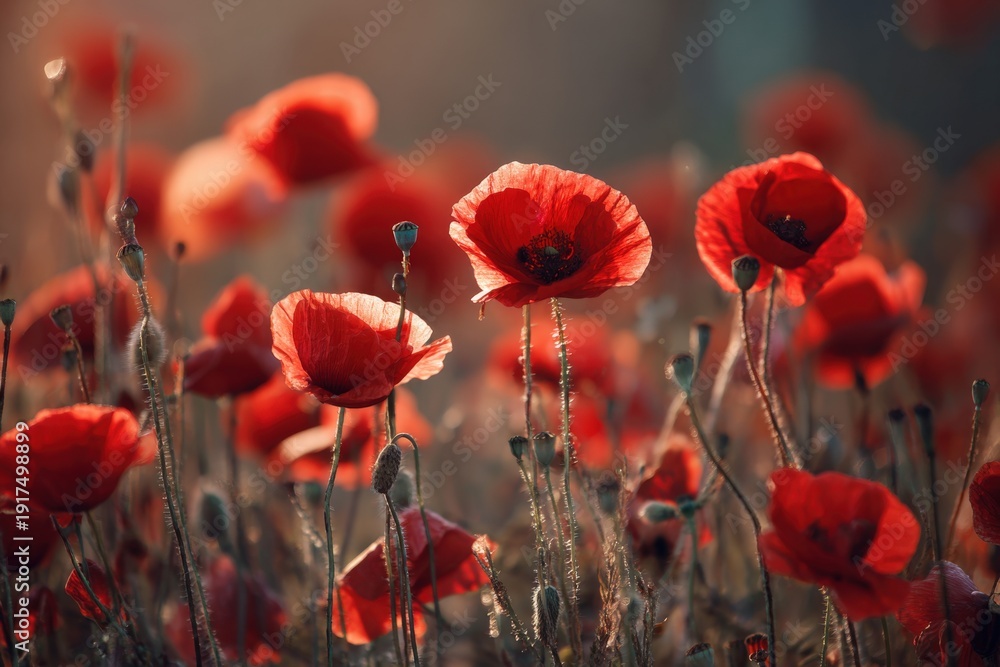 Obraz premium Bright red poppies grow in a vast field as the sun sets, casting warm light. The flowers sway gently in the breeze, showing their beauty and fullness in the soft evening glow