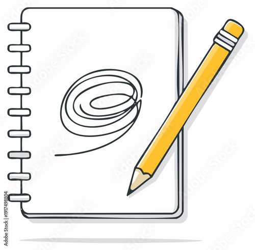 Hand drawn doodle illustration of a spiral notebook with a pencil and artistic scribbles