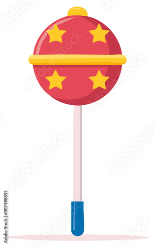 Cartoon Red Lollipop Candy with Yellow Stars and Blue Tip