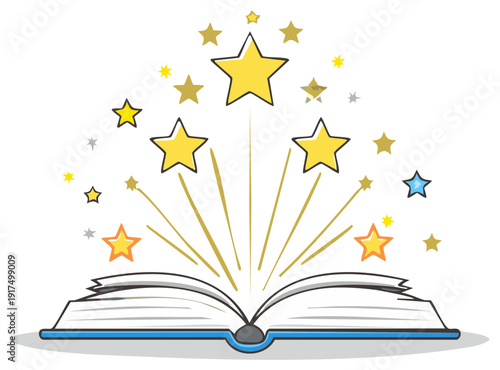 Open book creating a burst of stars and sparkles concept of imagination and knowledge
