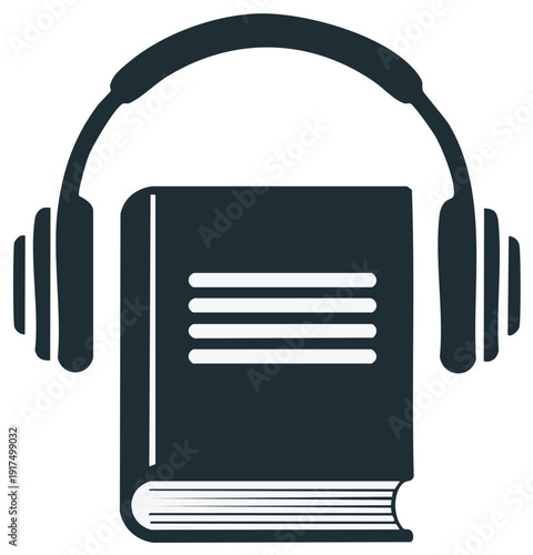 Icon of a book with headphones, representing audiobooks and learning with sound.