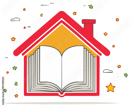 Vibrant illustration of a house with an open book inside representing home education and distance learning
