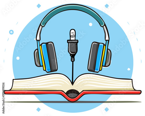 Modern headphones and audio jack over an open book for audiobook concept