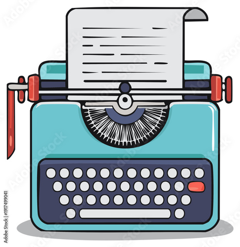 Illustration of a vintage blue typewriter with paper, keys, and carriage return.