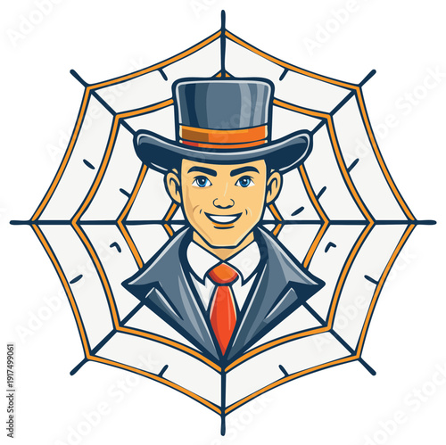 Smiling man character in top hat and suit inside a spiderweb cartoon mascot
