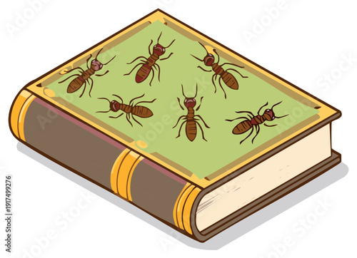 Illustration of Ants Crawling on a Green Book Cover with Gold Trim