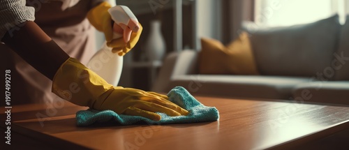 Person cleaning a wooden table in a cozy home.