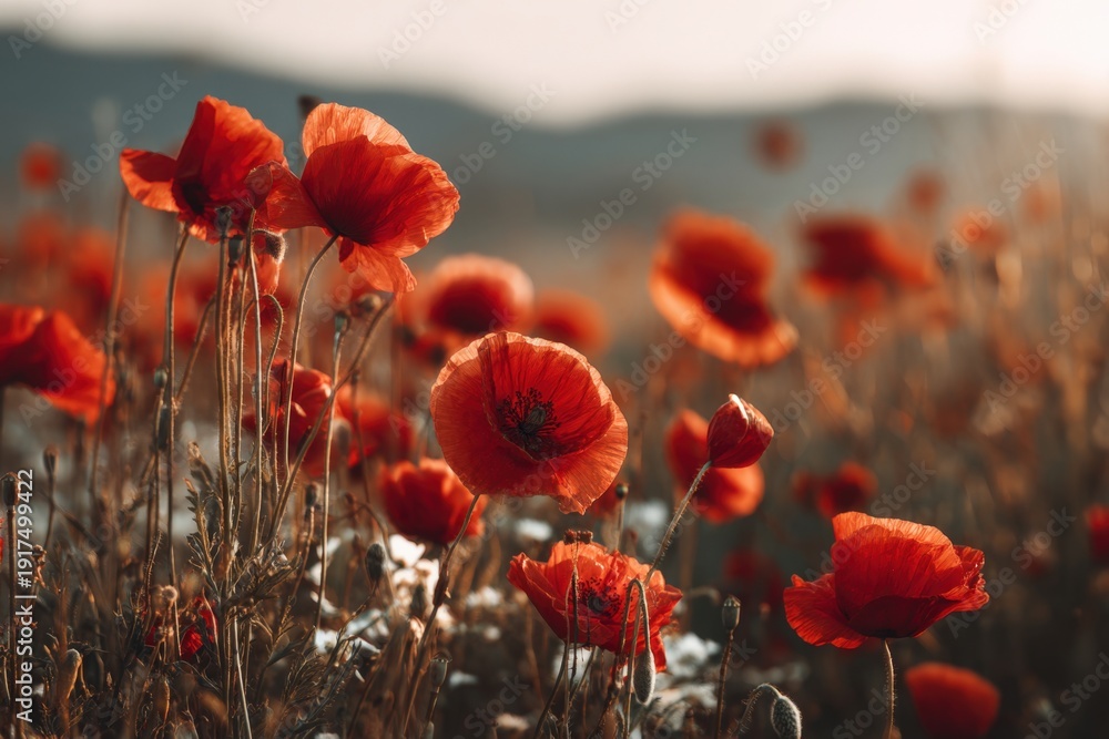 Obraz premium Bright red poppies grow in a vast field as the sun sets, casting warm light. The flowers sway gently in the breeze, showing their beauty and fullness in the soft evening glow