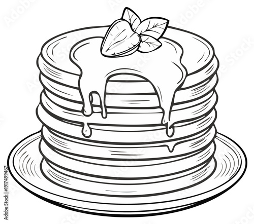 Hand drawn stack of fluffy pancakes drizzled with sweet syrup fresh strawberry and green leaves food illustration