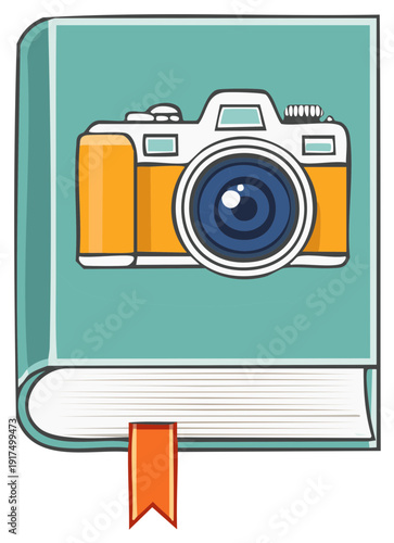 Photography education book with retro camera illustration and orange bookmark design