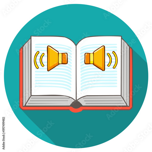 Open book with speaker icons and sound waves, representing audiobook or audio content concept