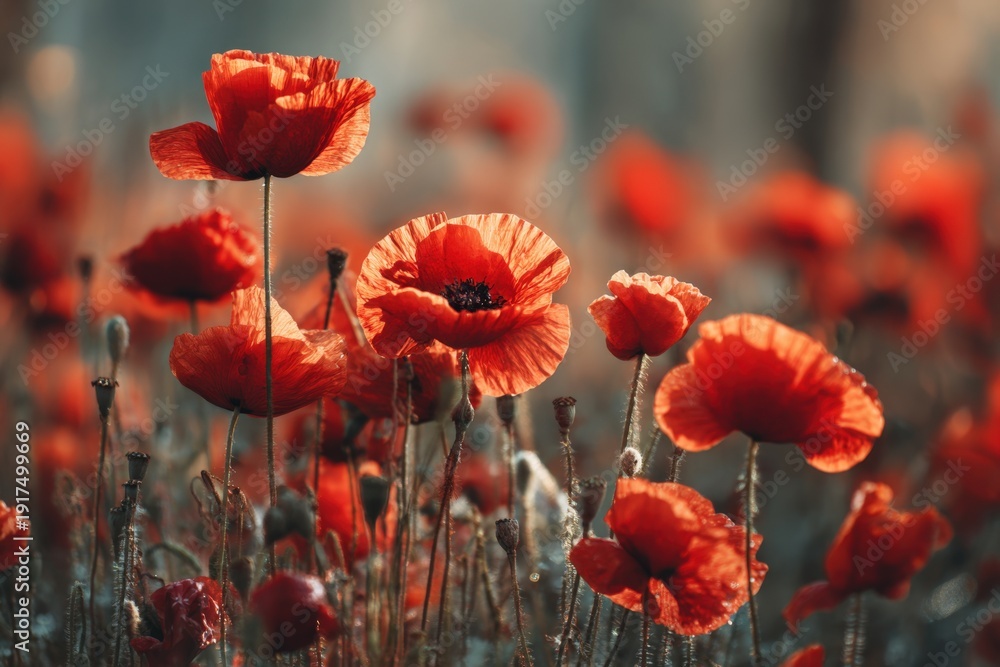 Fototapeta premium Bright red poppies grow in a vast field as the sun sets, casting warm light. The flowers sway gently in the breeze, showing their beauty and fullness in the soft evening glow