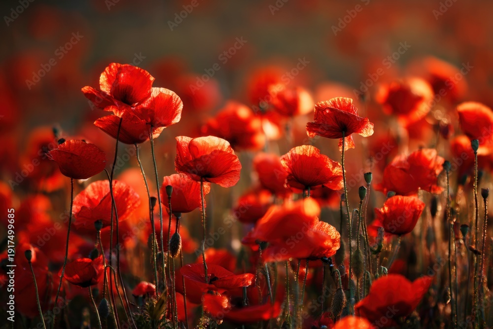 Obraz premium Bright red poppies grow in a vast field as the sun sets, casting warm light. The flowers sway gently in the breeze, showing their beauty and fullness in the soft evening glow