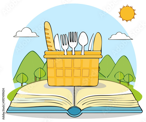 Cartoon illustration of a picnic basket with food and utensils on an open book.