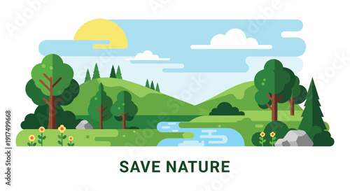 A flat vector landscape with trees hills a river and sun featuring the text save nature on transparent background silhouette