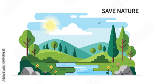 A flat vector illustration depicts a serene landscape with trees hills a river and sun on transparent background silhouette high quality