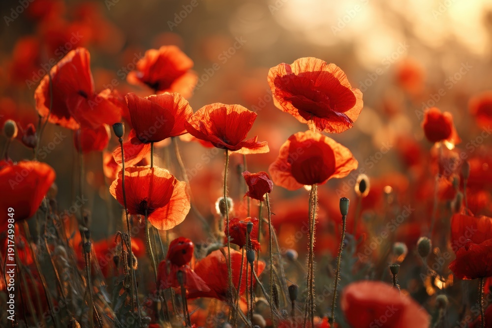 Fototapeta premium Bright red poppies grow in a vast field as the sun sets, casting warm light. The flowers sway gently in the breeze, showing their beauty and fullness in the soft evening glow