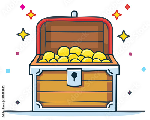 Open Treasure Chest Filled with Gold Coins Surrounded by Sparkling Stars Cartoon Style Illustration