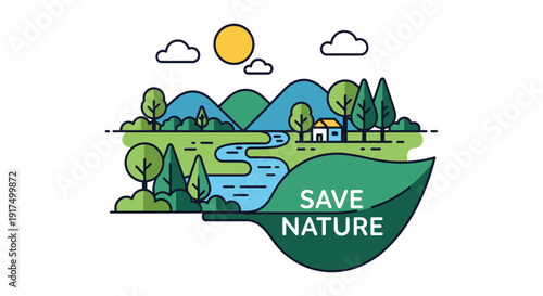 A colorful landscape illustration with mountains trees a river and a house with a save nature message on transparent background silhouette