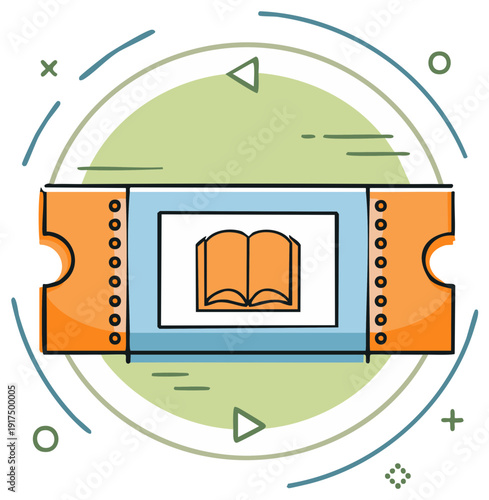 Vibrant illustrated ticket with an open book icon surrounded by dynamic abstract shapes for education or cultural events