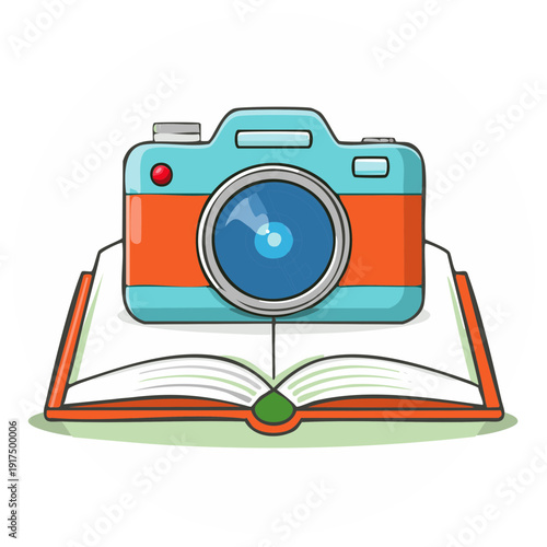 Retro style camera sits atop an open book symbolizing creative learning and photo education