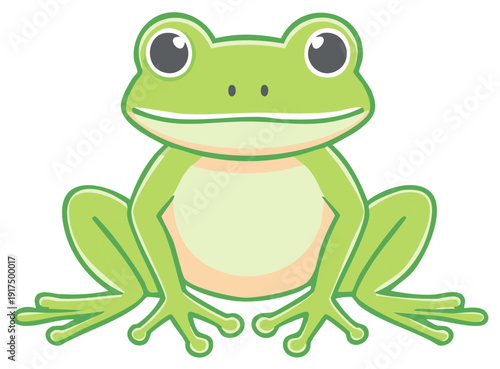 Front-facing cartoon frog illustration depicting a light green amphibian with large eyes sitting stationary