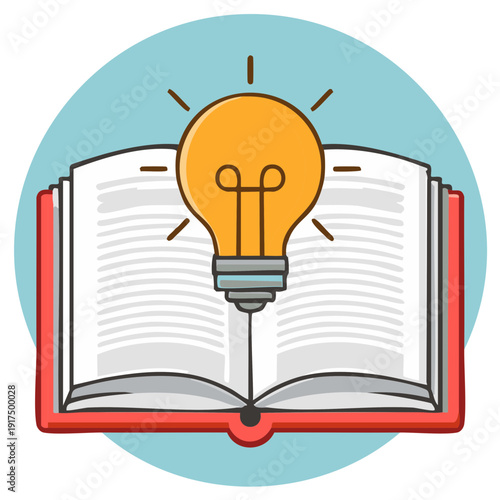 Open book with a glowing light bulb symbolizing a new idea and learning