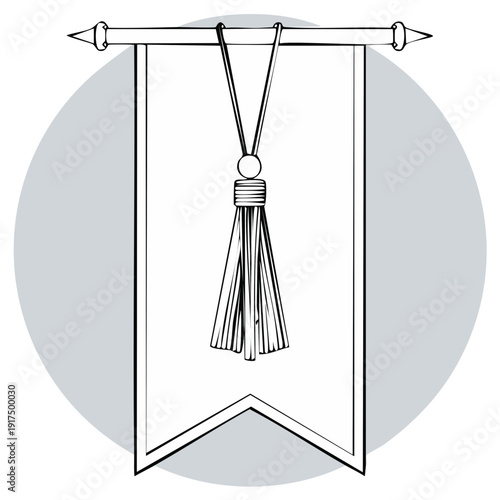Heraldic pennant banner with decorative tassel hanging from a rod line art illustration