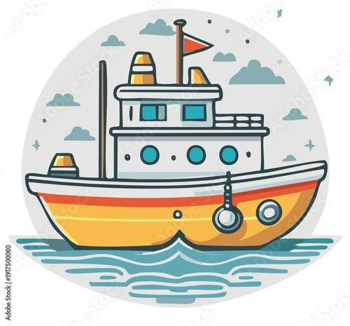Cute cartoon fishing trawler sailing on sea waves vector illustration
