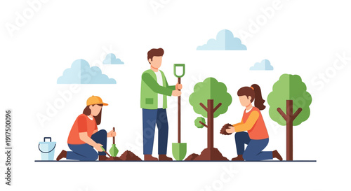 A group of people planting trees and tending to a small garden depicted in a flat vector silhouette on transparent background