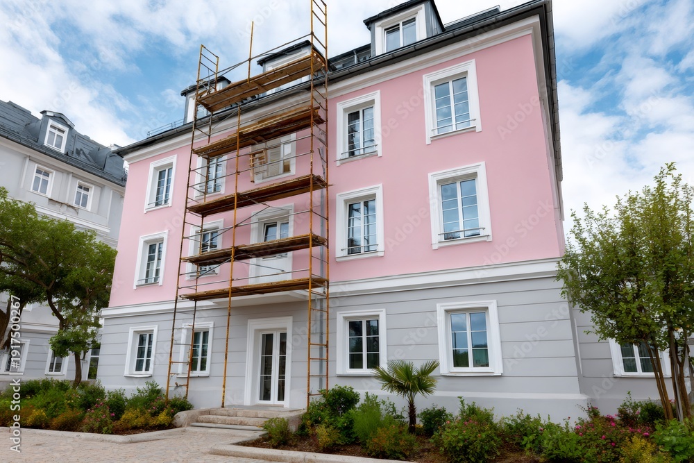 Fototapeta premium Pink building facade undergoing renovation with scaffolding