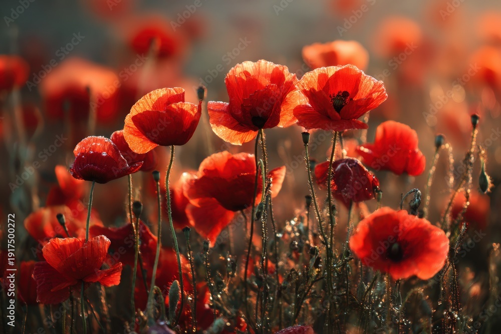 Fototapeta premium Bright red poppies grow in a vast field as the sun sets, casting warm light. The flowers sway gently in the breeze, showing their beauty and fullness in the soft evening glow