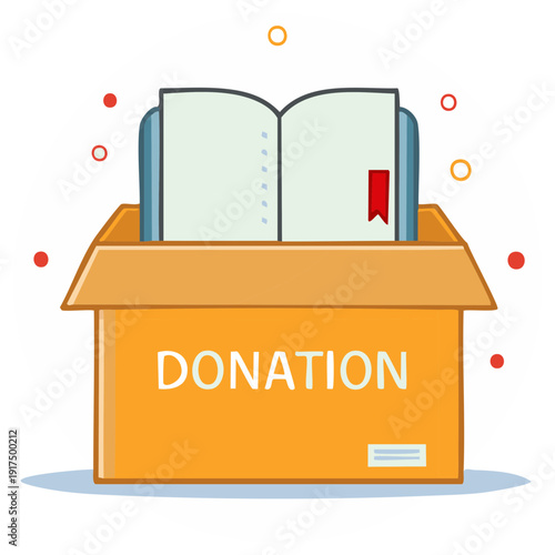Charity book drive illustration of an open book inside a cardboard donation box