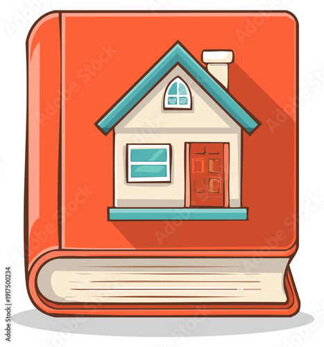 Illustration of a house icon on an open orange book symbolizing real estate knowledge or home buying guides
