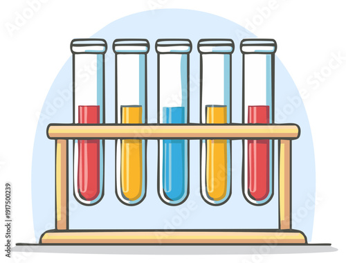 Colored liquids in glass test tubes sitting in a laboratory rack for science and experiments
