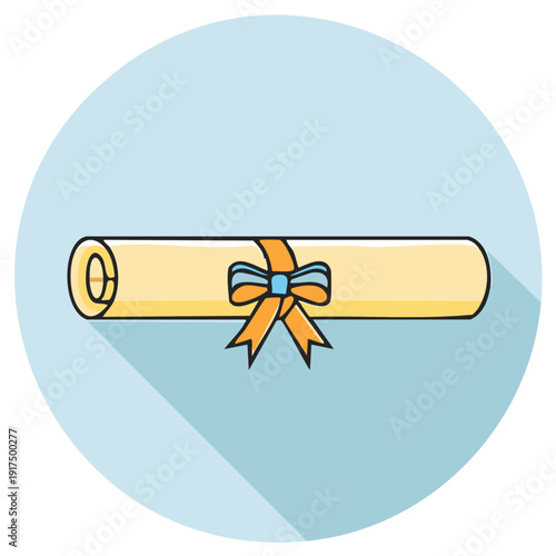 Drawn Diploma with Ribbon on Light Blue Circular Background Illustrating Academic Success and Graduation Achievement