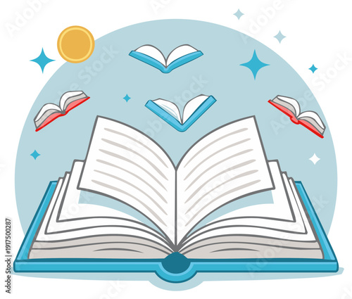 Open Book with Flying Books and Glowing Stars, Symbolizing Knowledge, Learning and Imagination