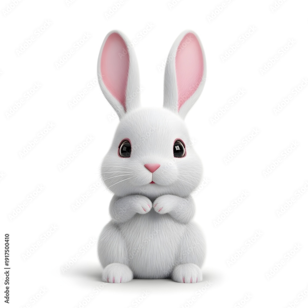 Obraz premium Cute white stuffed rabbit with pink ears sitting and holding hands together.