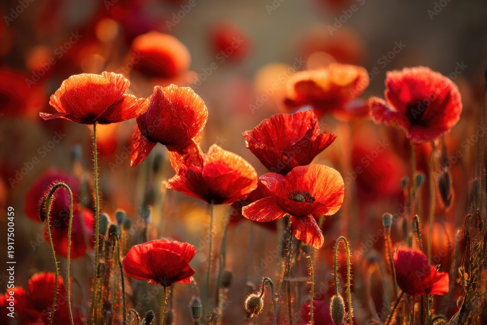 Fototapeta premium Bright red poppies grow in a vast field as the sun sets, casting warm light. The flowers sway gently in the breeze, showing their beauty and fullness in the soft evening glow