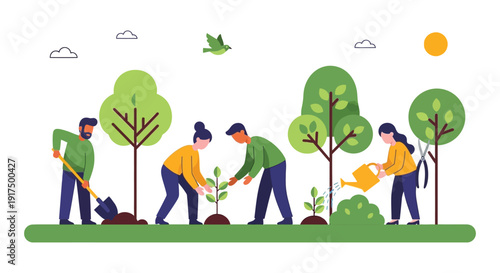 A group of people planting trees under a sun and clouds with a beautiful silhouette on transparent background high quality professional