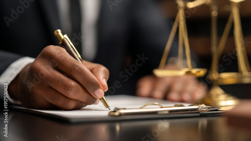 A close-up of a person's hand signing a document with a pen next to a gold scale