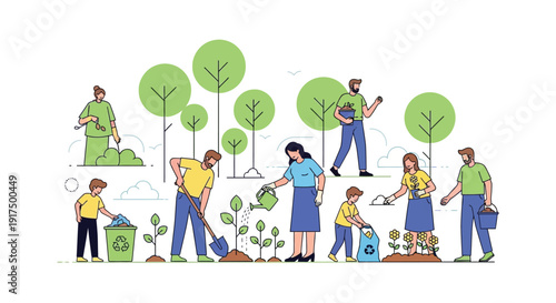 A group of people actively planting trees and gardening showcasing environmental care on transparent background silhouette high quality professional detailed modern