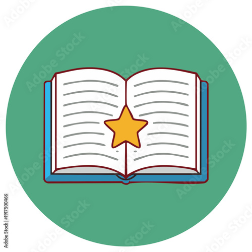Cartoon Book Open with Star Icon Symbol on Green Background for Design