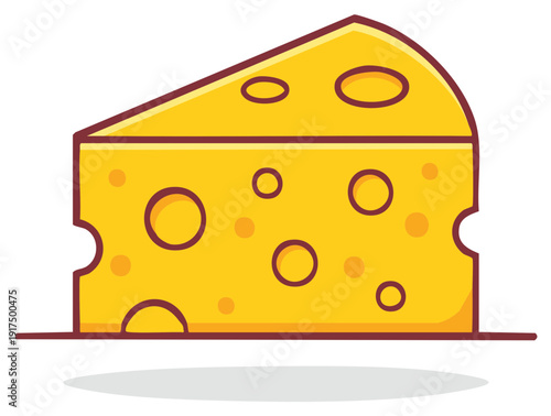 Cartoon wedge of Swiss cheese illustration. Yellow with holes. Isolated on white.