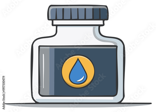 Cartoon depiction of a bottle with a cap and a blue water drop logo on its label
