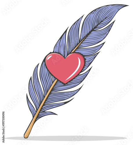 Elegant illustration of a purple feather with a red heart adorning its shaft